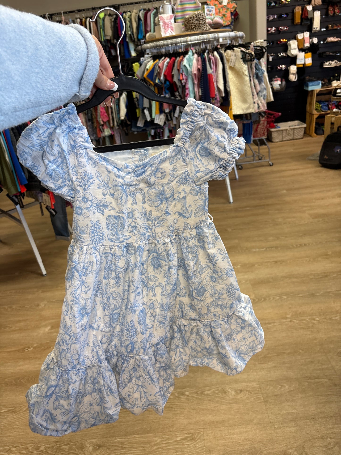 4/5T Happily Grey Kids Blue Floral Western Boot Detailed Off Shoulder Dress