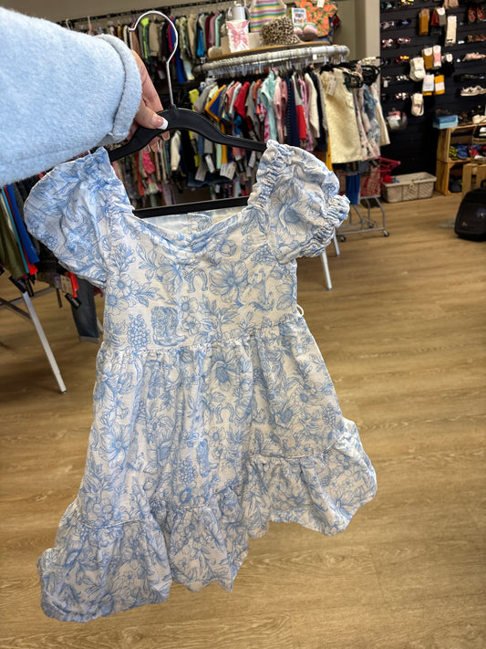 4/5T Happily Grey Kids Blue Floral Western Boot Detailed Off Shoulder Dress