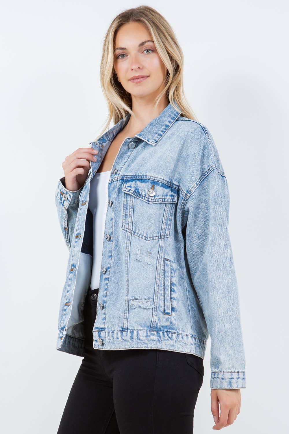 Relaxed, Distressed, Oversized Denim Jacket - Light Wash