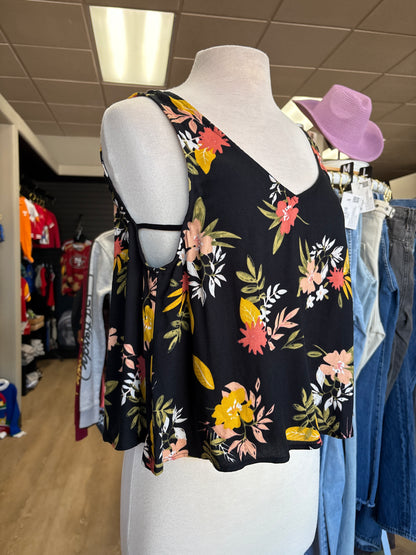 Womens Small Black Floral Open Back Tank Top