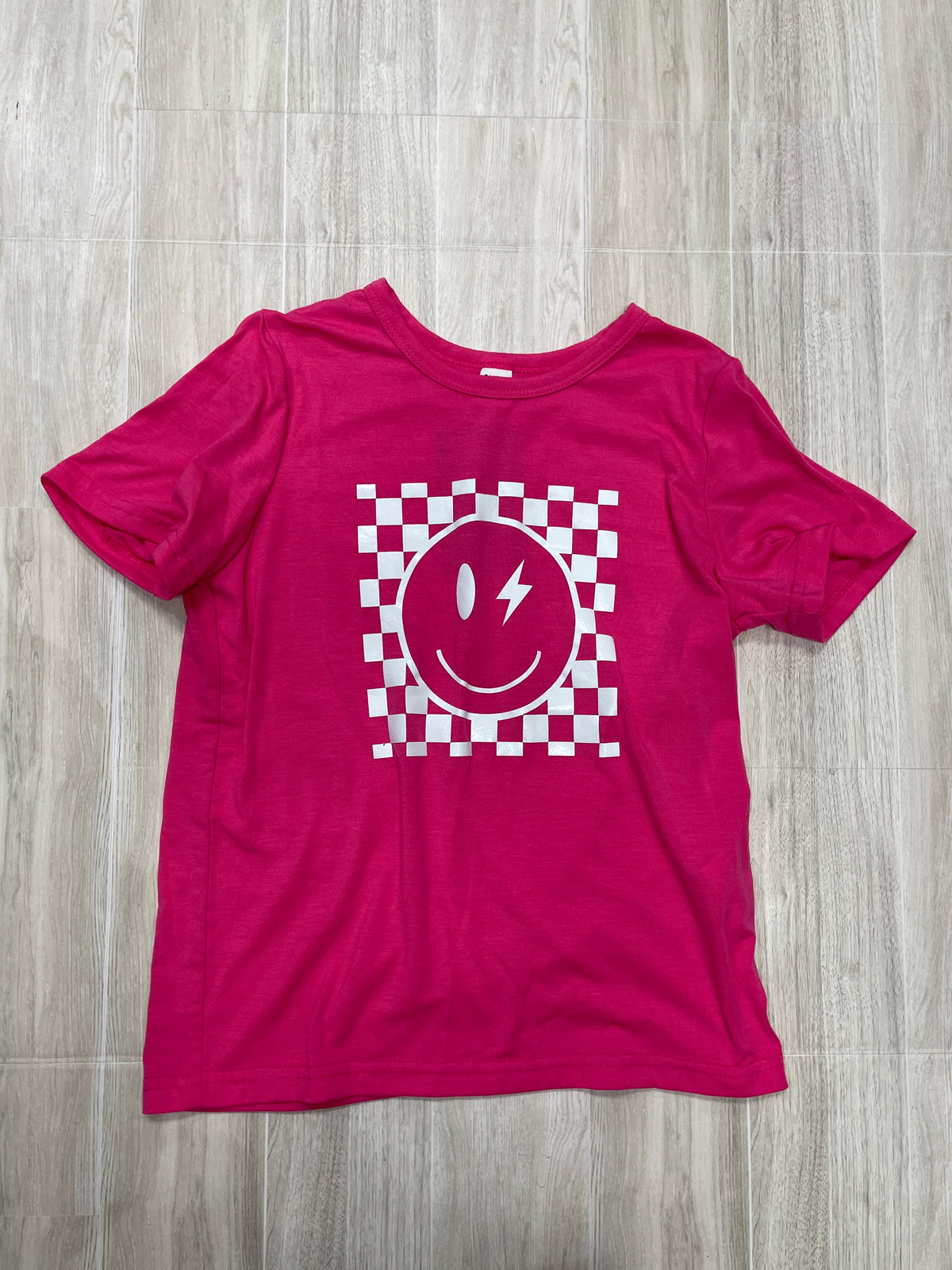 7 Hot Pink Checkered Smiley Face Tee