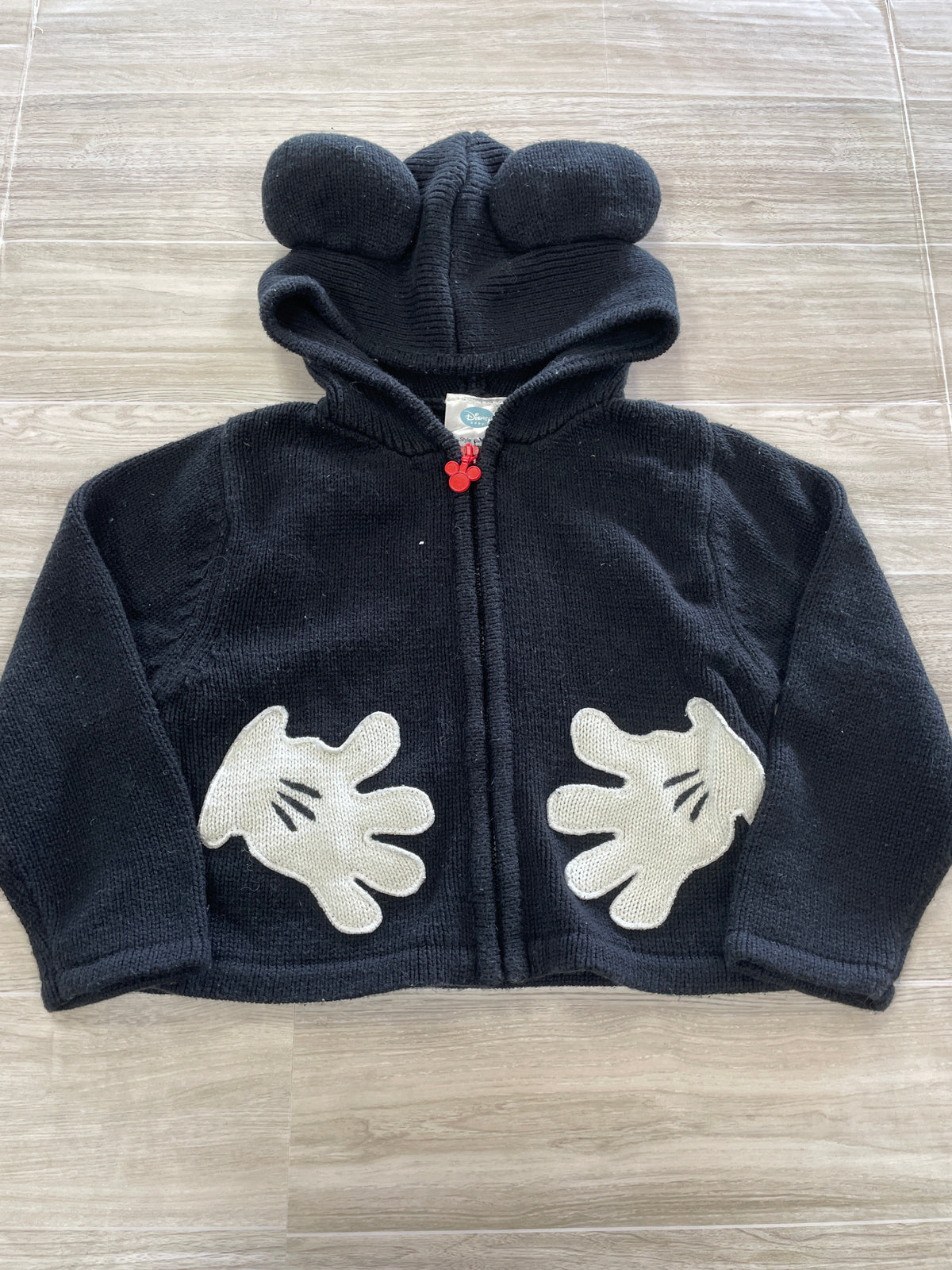 6-12m Black Knit Mickey Pocket Hands Hooded Zip Up Sweater