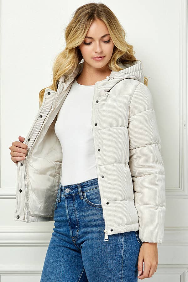 Hooded Quilted Cordoury Puffer Jacket - Bone