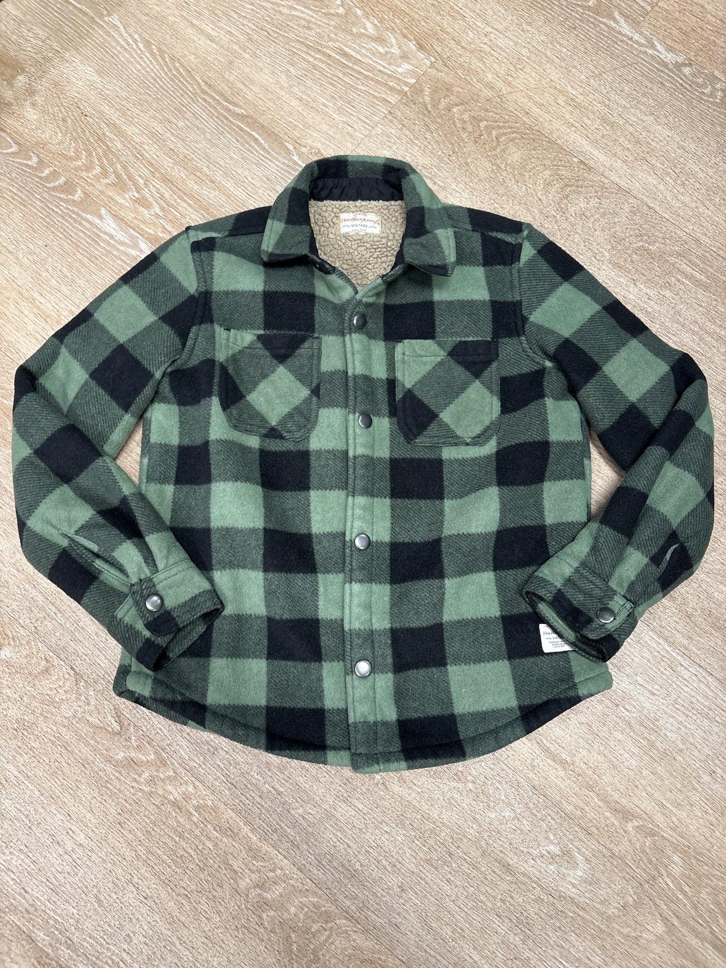 7/8 Green Plaid Sherpa Lined Button Jacket