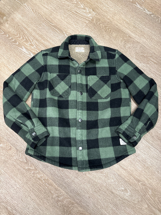 7/8 Green Plaid Sherpa Lined Button Jacket