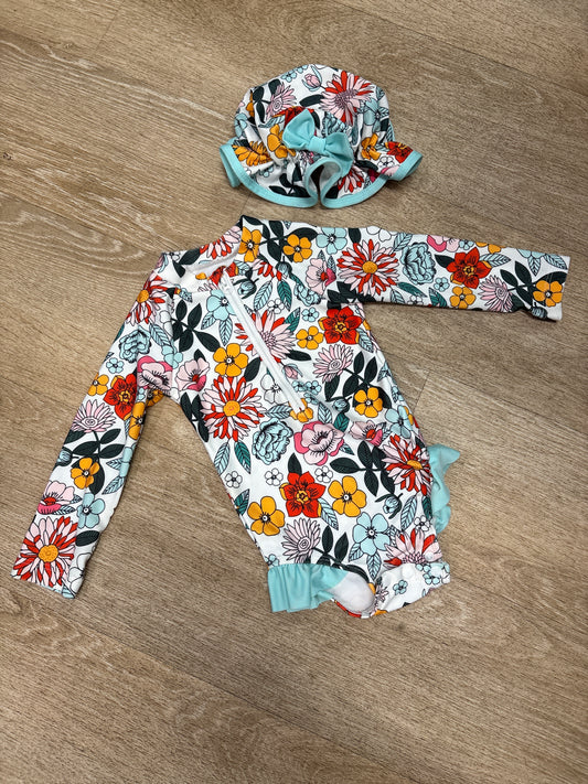18-24m Multi Floral Swim Suit + Hat Set