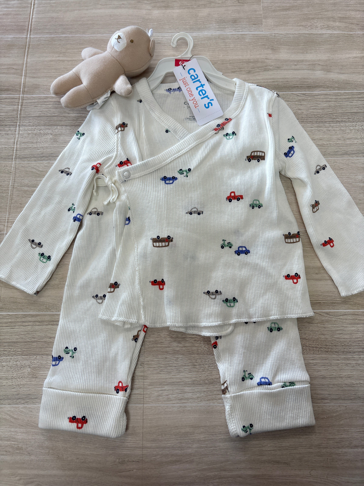 NWT 6m White Ribbed Cars Kimono Long Sleeve + Pant + Plush Set