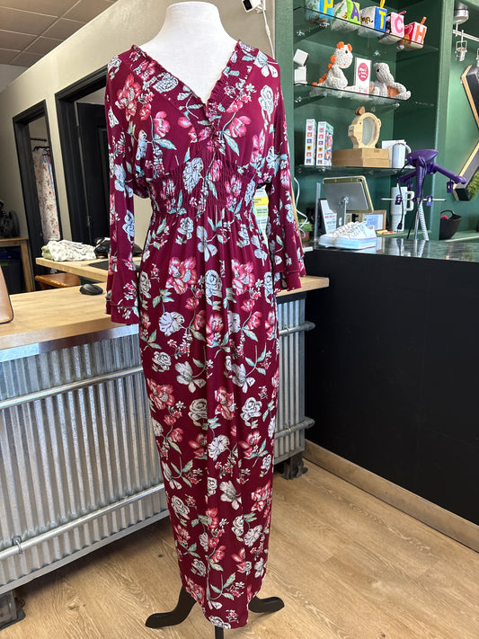 Womens 1X Maroon Floral Maxi Dress