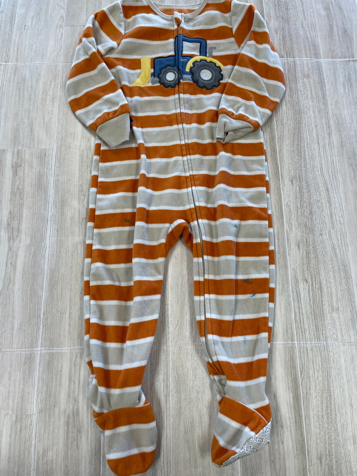 2T Tan/Orange Striped Tractor Footed Pajama - Blemish