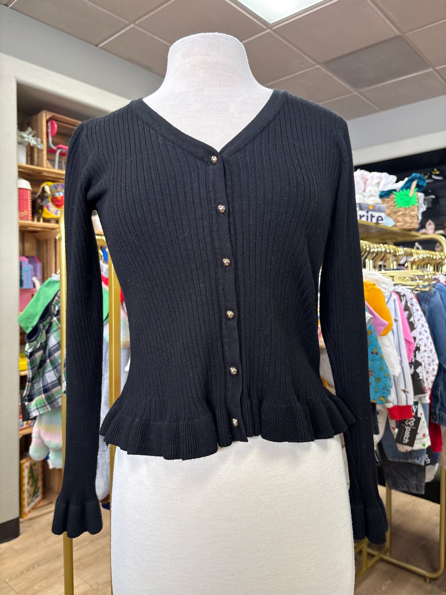 Womens Small Black Ribbed Sweater With Gold Buttons