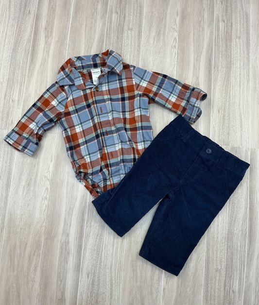 3m Plaid Button Up & Navy Corduroy Pant Set