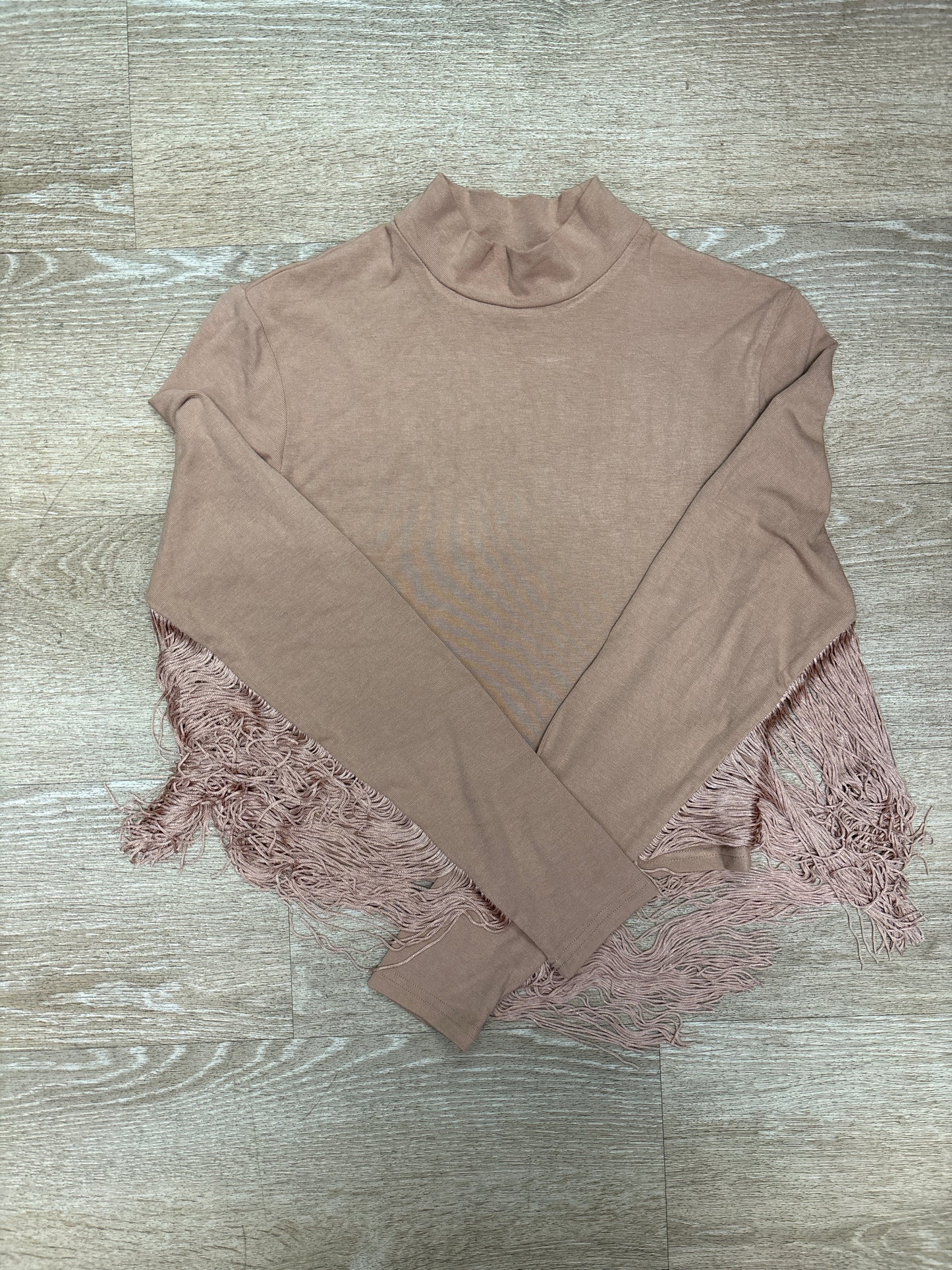 Womens Small Tan Fringe Mock Neck Long Sleeve