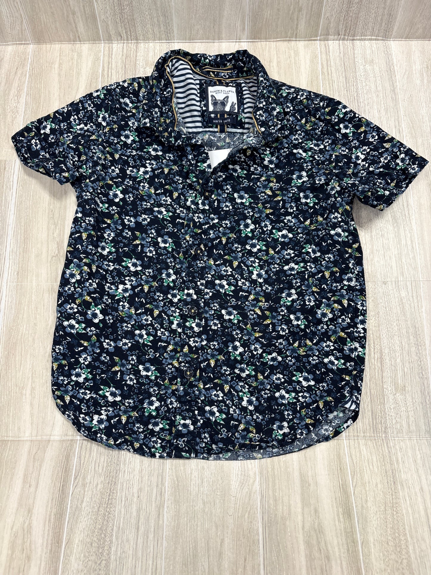 5/6 Navy Multi Floral Button Up Collared Tee