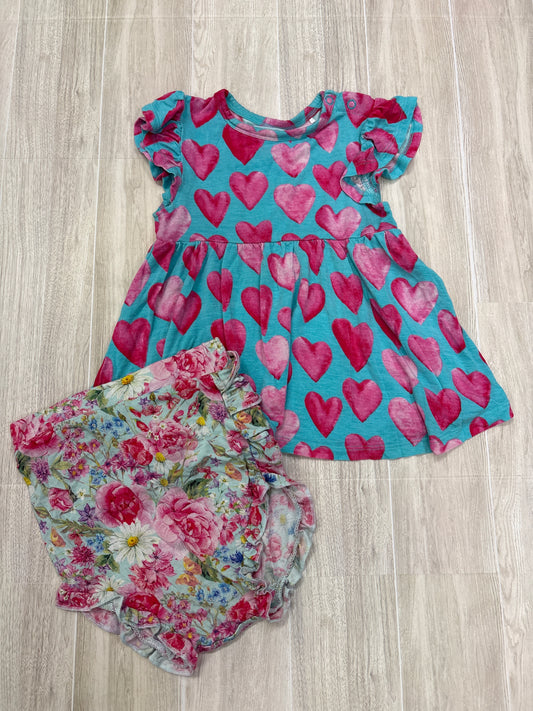 2T Posh Peanut Blue/Pink Hearts Tunic + Floral Ruffle Bloomer Set