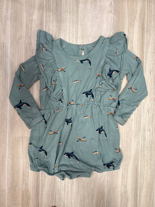 12-18m Kyte Dusty Blue Orcas and Kayaks Ruffled Romper