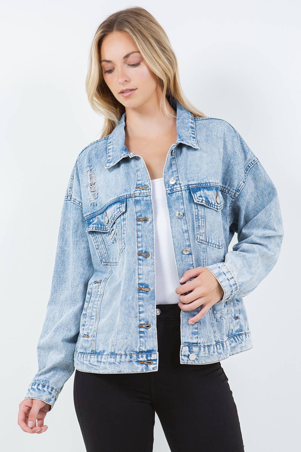 Relaxed, Distressed, Oversized Denim Jacket - Light Wash