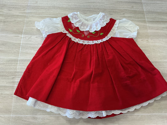 18m Vintage Red Corduroy  Strawberry Stiched Dress