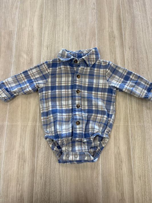 3m Blue/White Button Up Plaid Long Sleeve Onesie