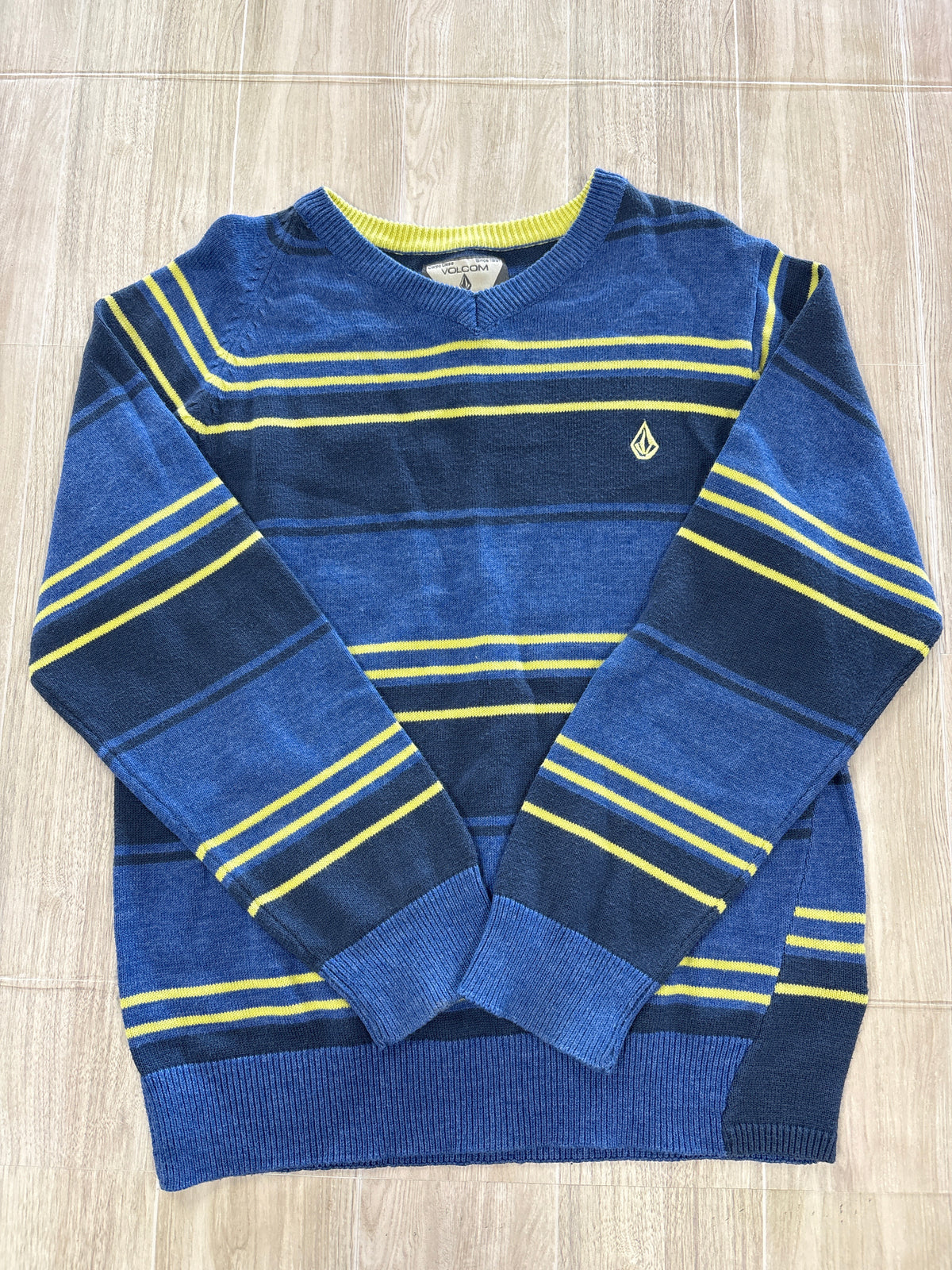 6 Volcom Blue/Yellow V Neck Striped Sweater