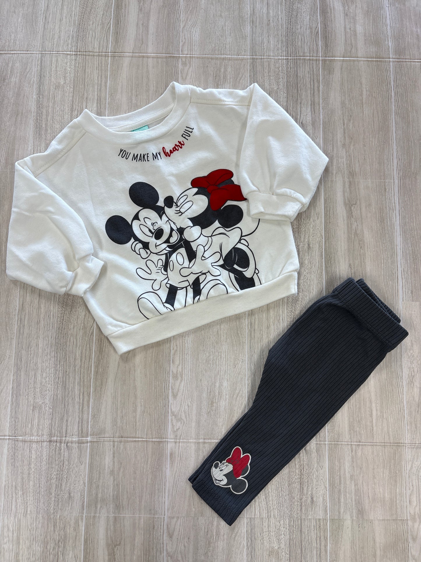 3/6m White Mickey + Minnie Crewneck + Charcoal Leggings Set