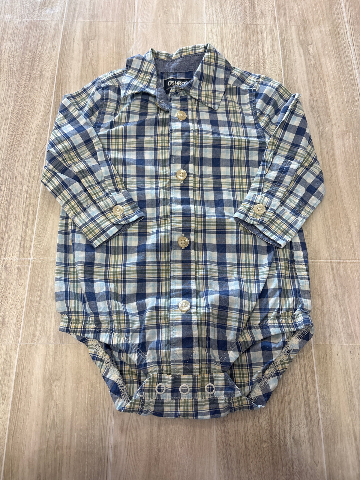 6m OshKosh Blue Plaid Long Sleeve Flannel Onesie