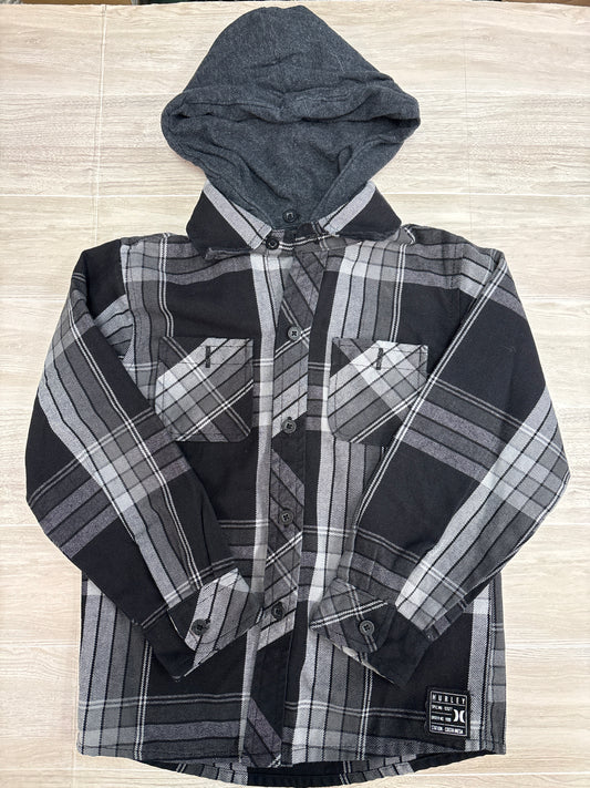 4T Hurley Black/Grey Plaid Hooded Flannel Shirt