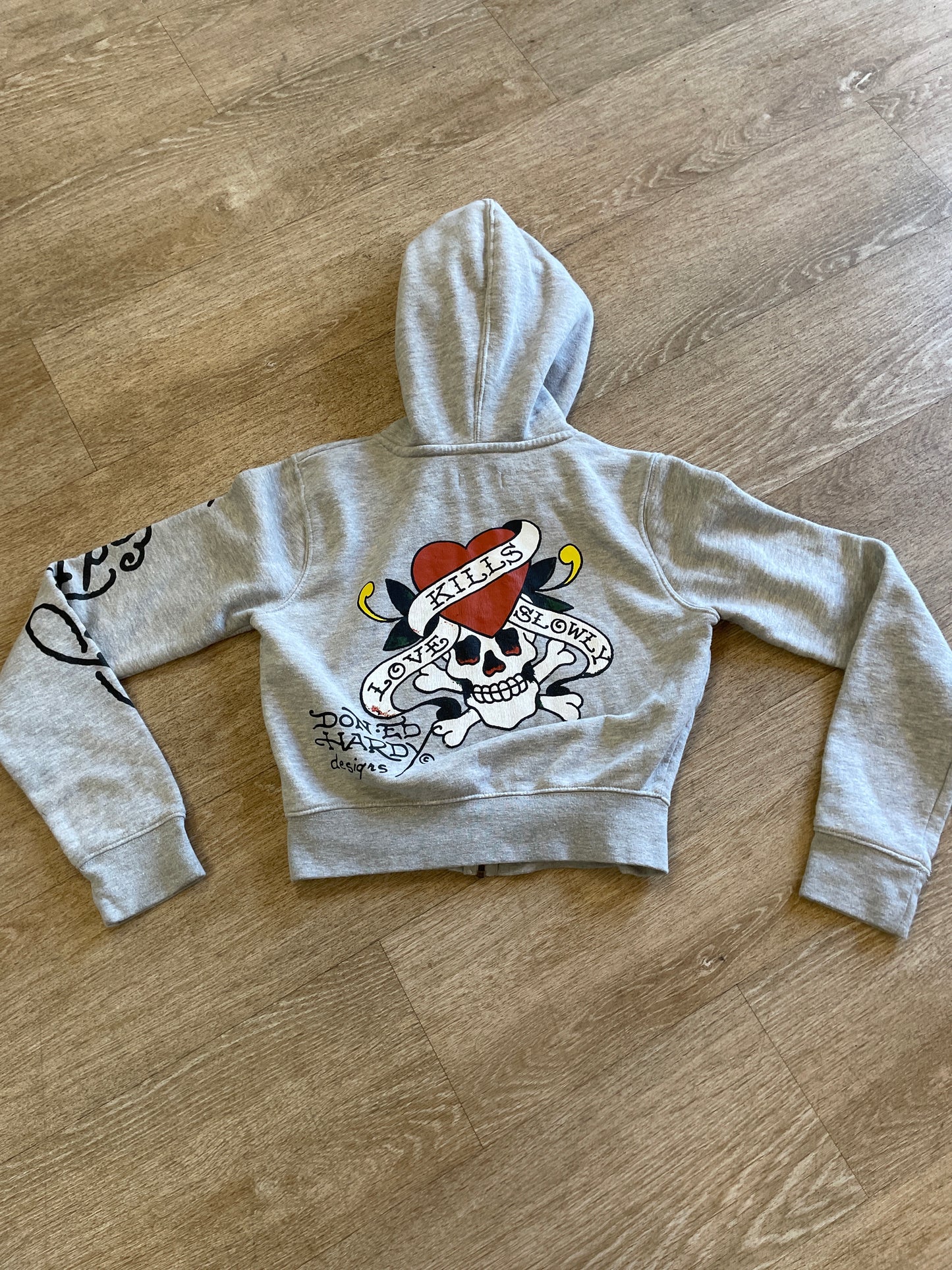 Womens Medium Y2K Ed Hardy Tattoo Graphic No More War Crop Hoodie Jacket