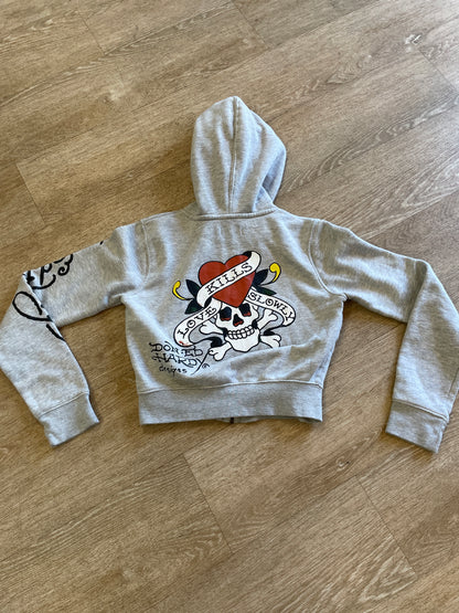 Womens Medium Y2K Ed Hardy Tattoo Graphic No More War Crop Hoodie Jacket