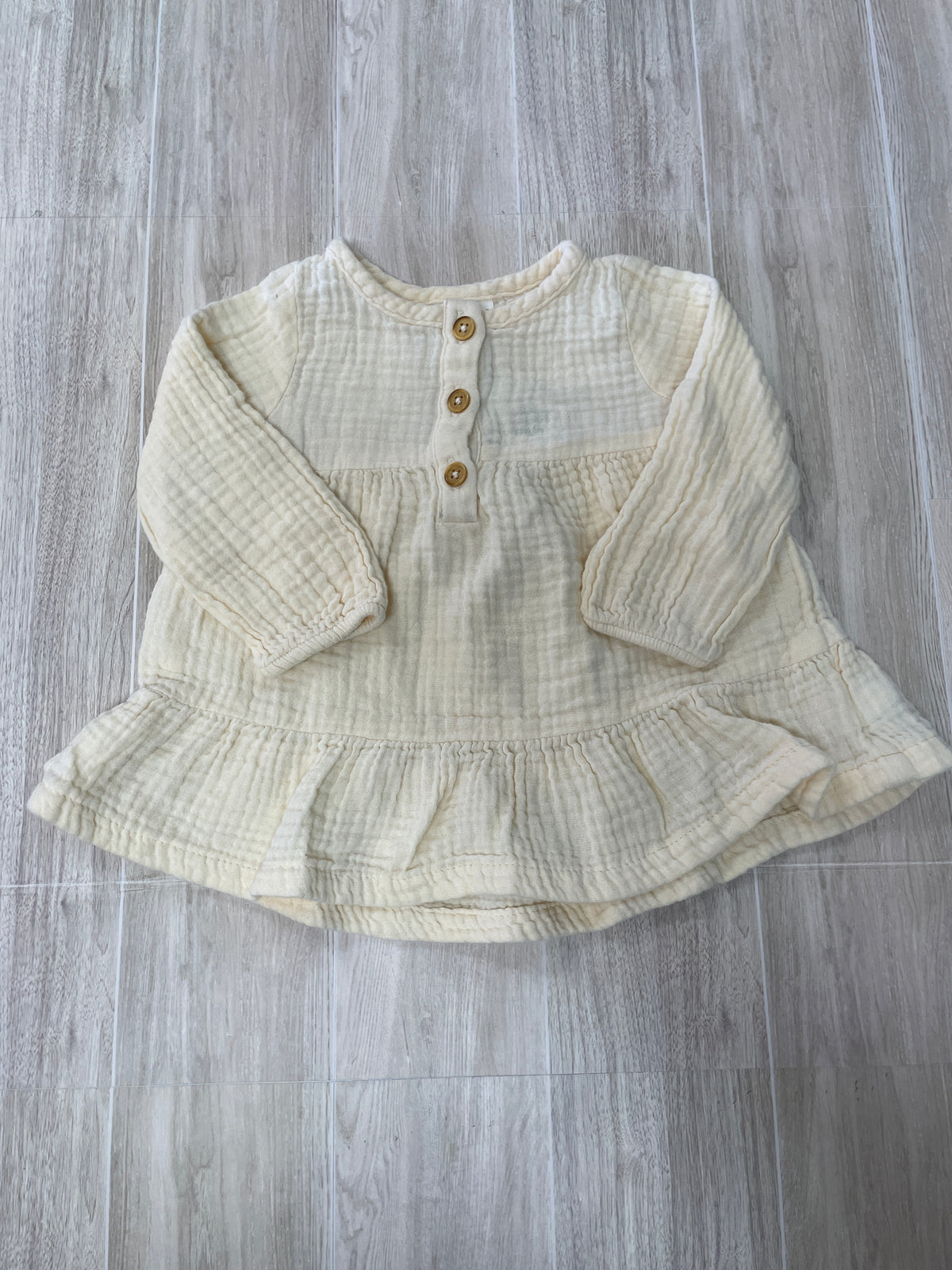 6-9m Cream Gauze Button Long Sleeve Dress