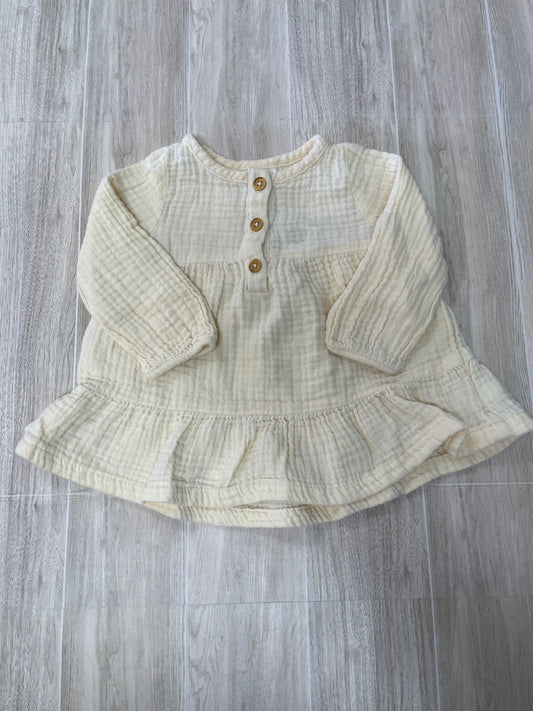 6-9m Cream Gauze Button Long Sleeve Dress