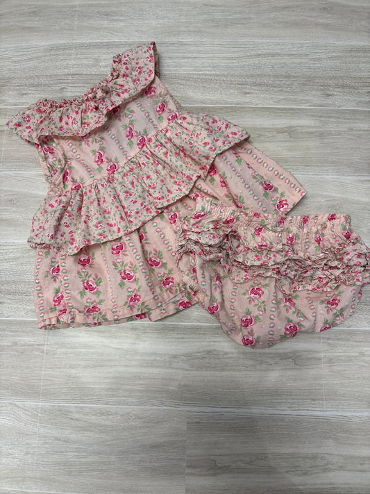 3-6m Pink Roses Dress + Ruffle Bloomer Set