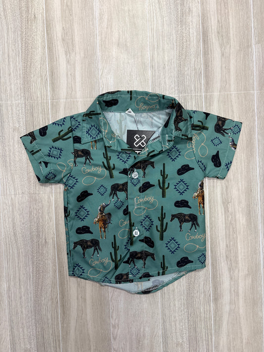 6m Teal Cowboy Graphic Button Up