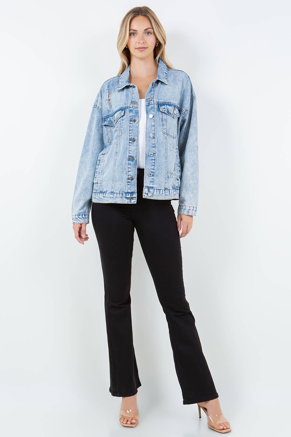 Relaxed, Distressed, Oversized Denim Jacket - Light Wash