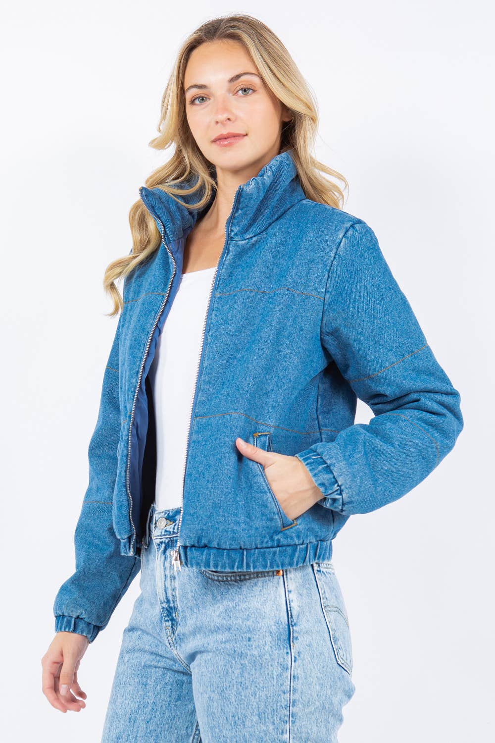 Oversized Denim Puffer Jacket - Medium Wash