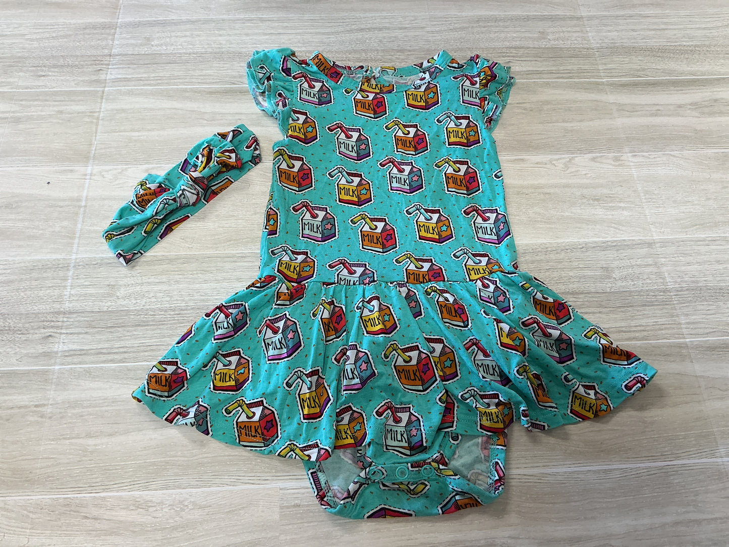 18-24m Little One Shop Blue Milk Box Onesie Twirl Dress + Bow