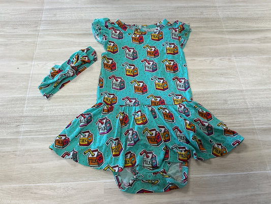 18-24m Little One Shop Blue Milk Box Onesie Twirl Dress + Bow