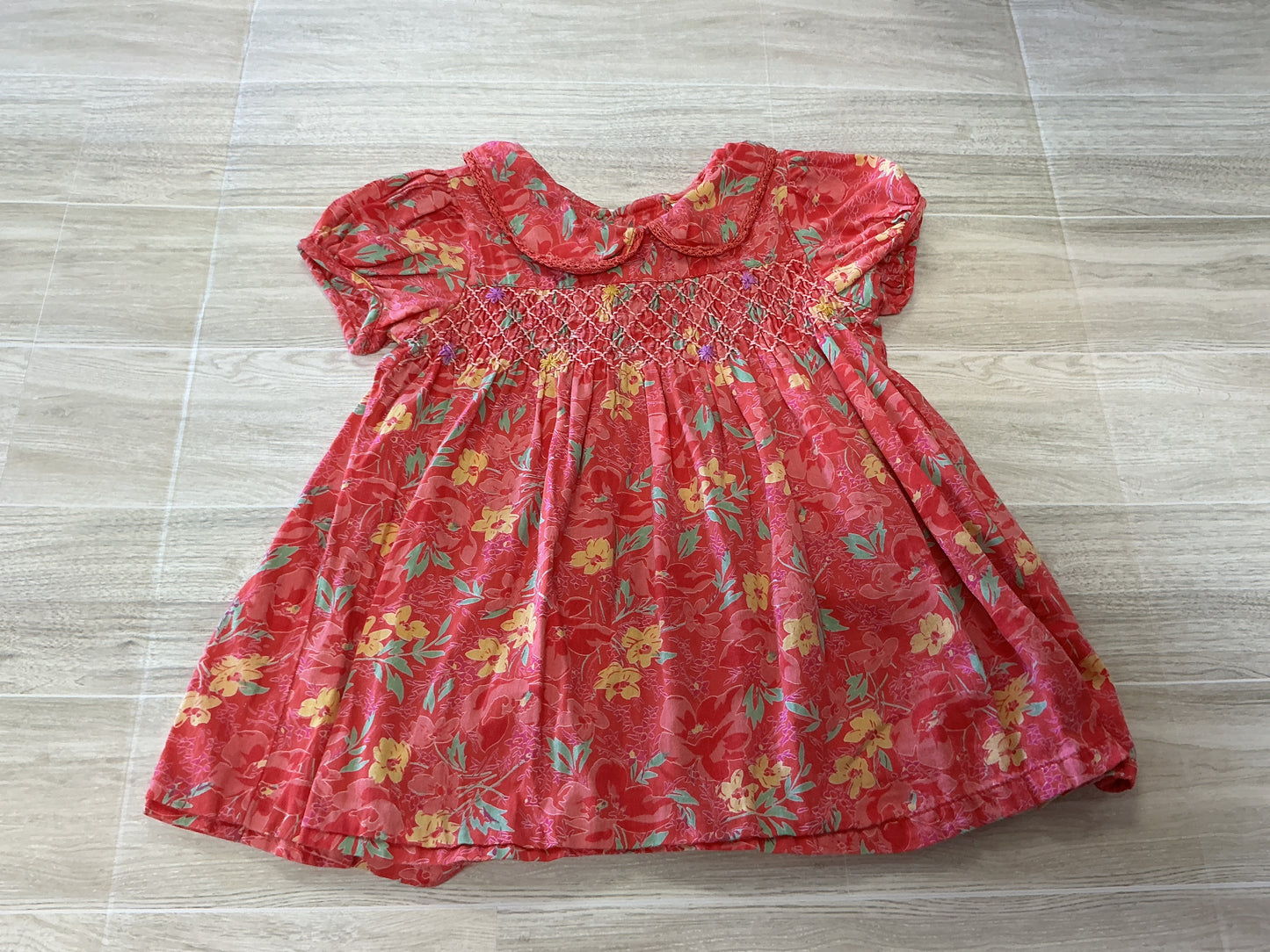 6-12m Pink Floral Collared Babydoll Dress