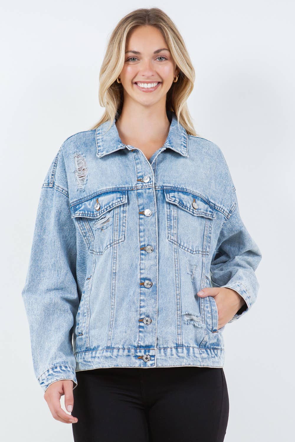 Relaxed, Distressed, Oversized Denim Jacket - Light Wash