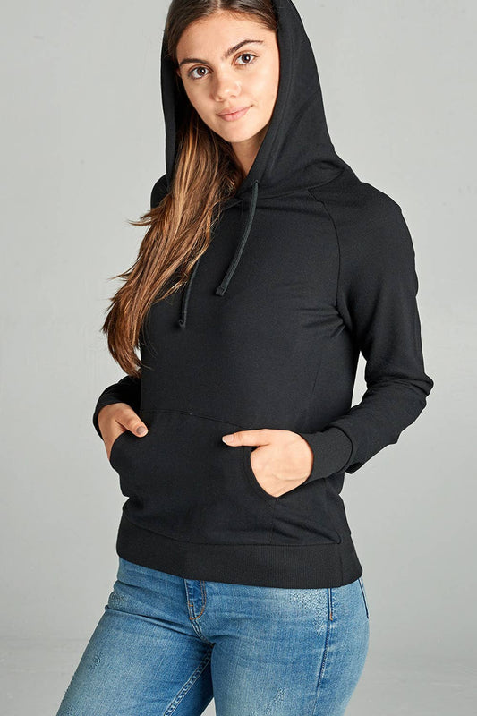 FITTED LONG SLEEVE PULLOVER FRENCH TERRY HOODIE: Black