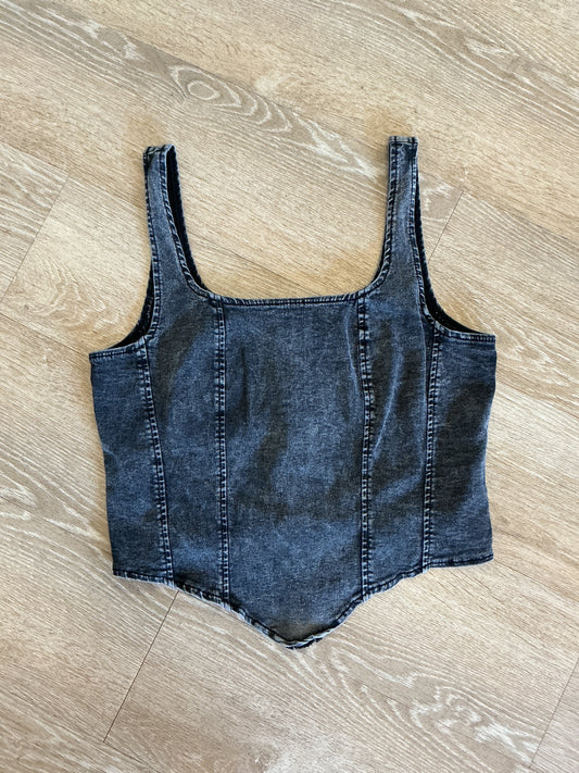 Womens XL Acid Wash Black Denim Zip Tank