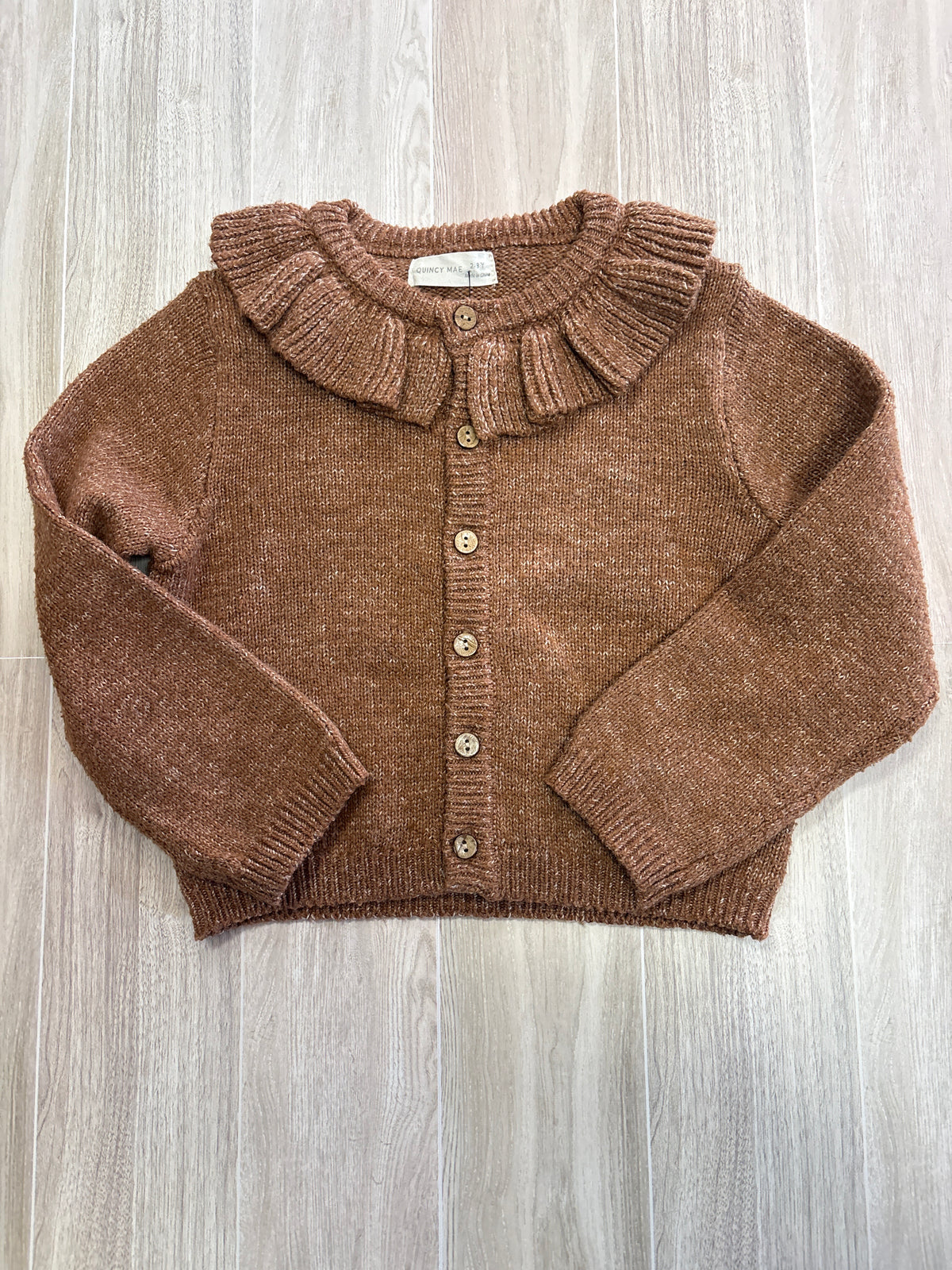 2/3 Heathered Rust Ruffle Button Quincy Mae Cardigan