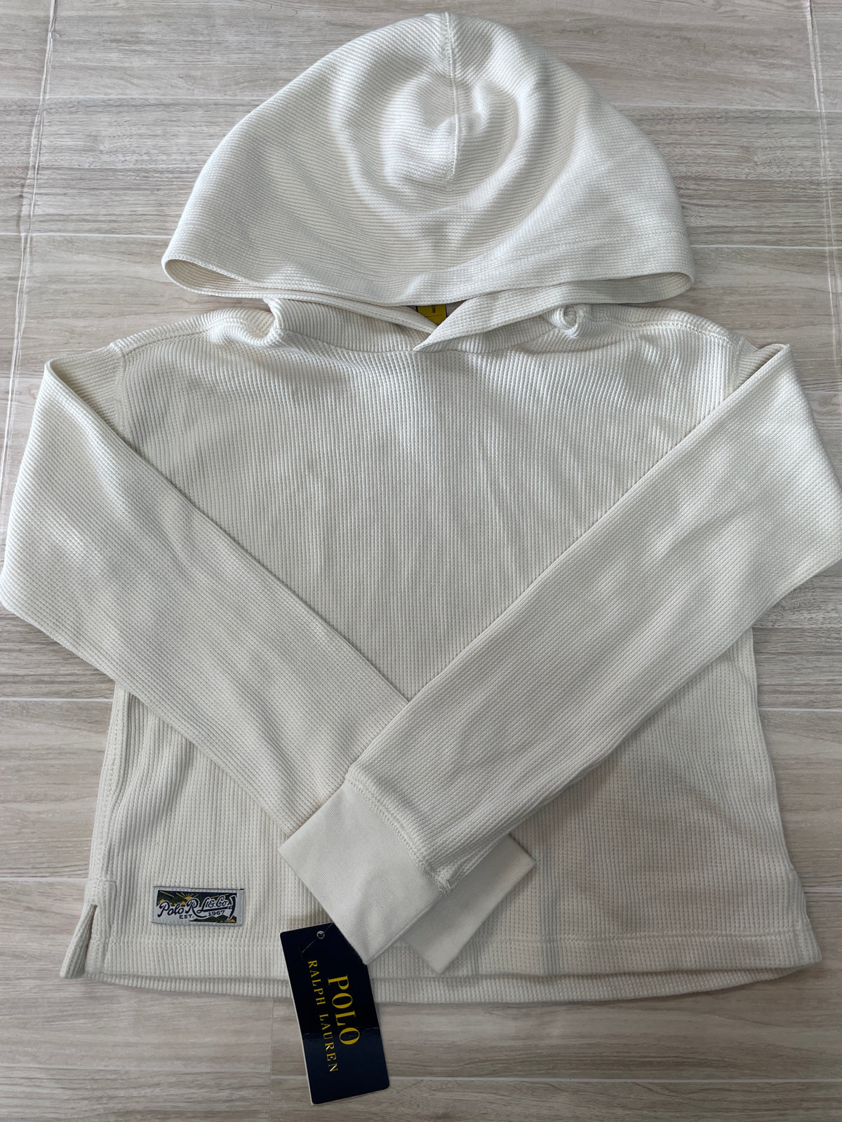 NWT 6x Polo Ralph Lauren Cream Waffle Knit Hooded Shirt