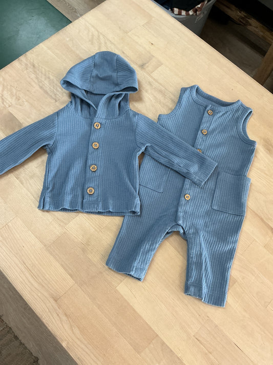 Newborn Blue Ribbed Romper + Sweater 2 Piece Set