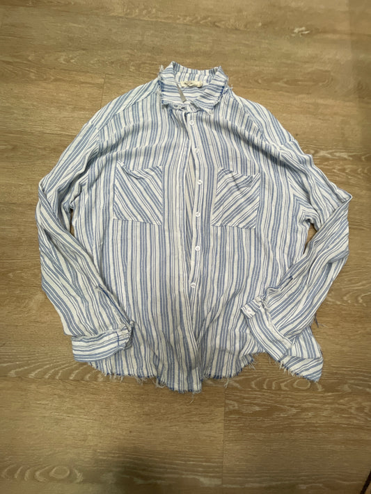 Womens Large Blue Striped Distressed Hem Button Shirt