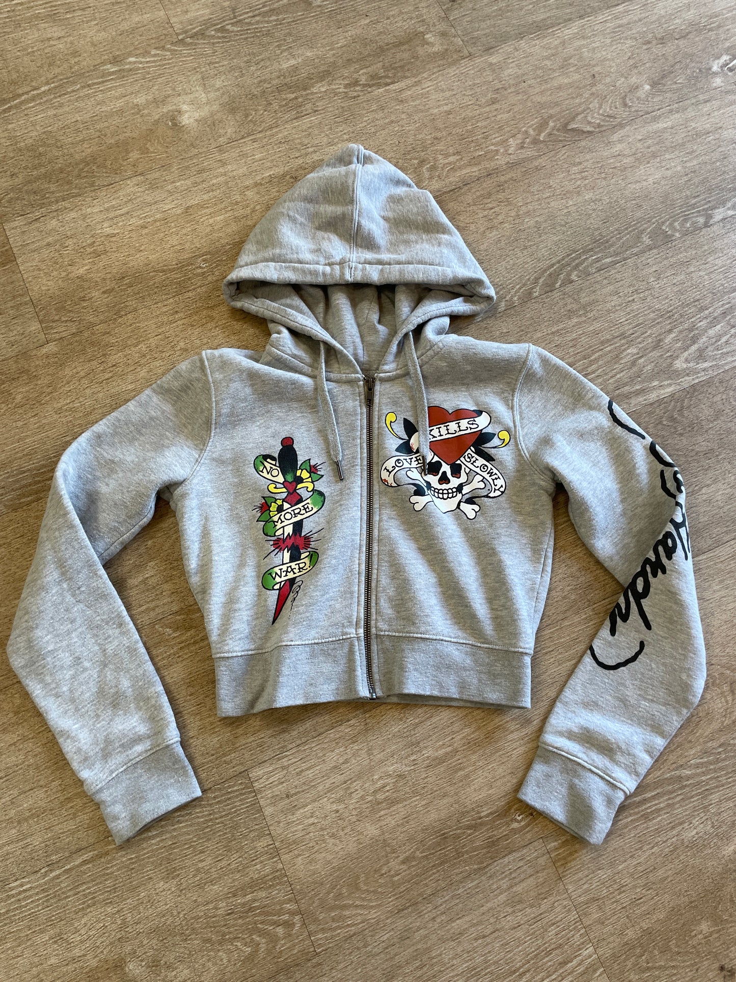 Womens Medium Y2K Ed Hardy Tattoo Graphic No More War Crop Hoodie Jacket