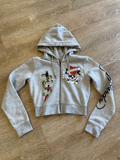 Womens Medium Y2K Ed Hardy Tattoo Graphic No More War Crop Hoodie Jacket
