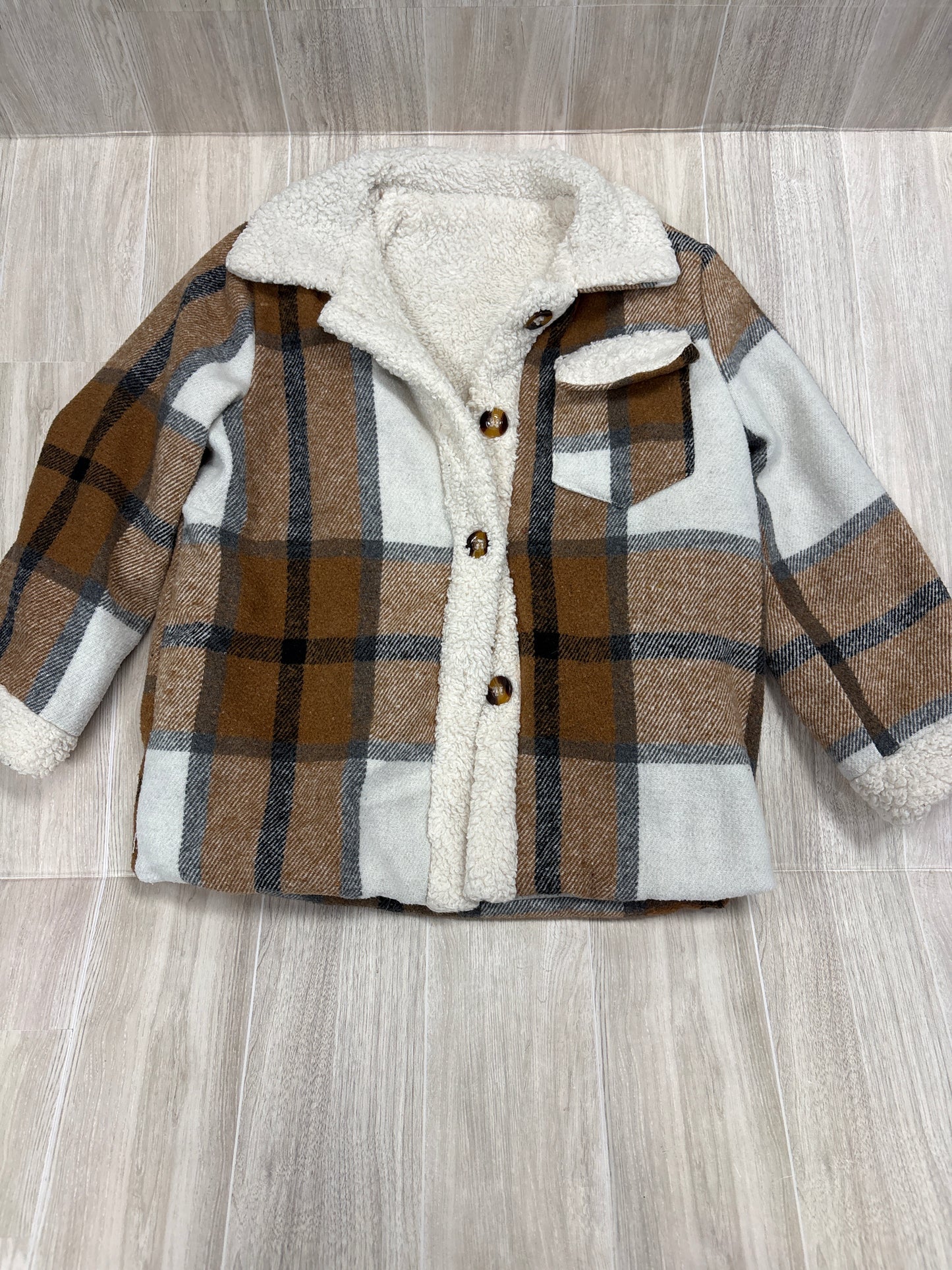 5T Camel Plaid Cozy Lined Button Up Shacket