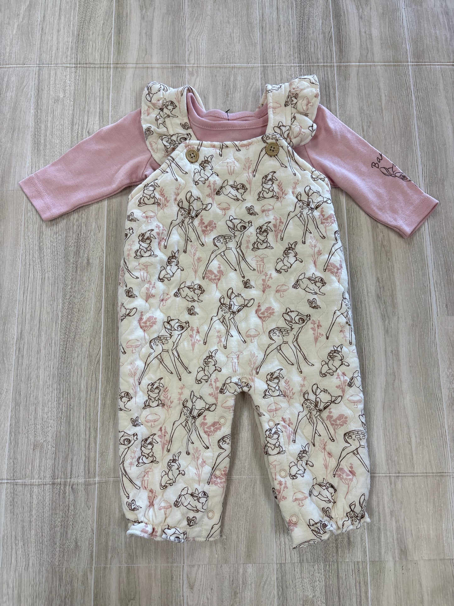 0/3m Cream Bambi Overall + Pink Long Sleeve