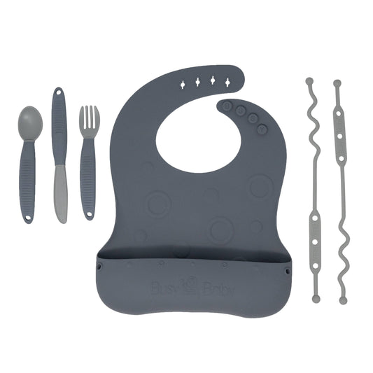 Busy Baby - Stop-Drop Travel Bib+ Utensils: Pewter