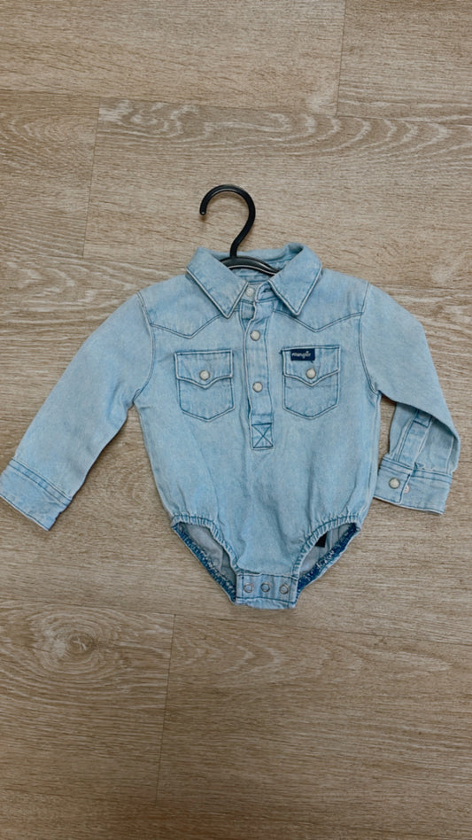 3-6m Light Wash Denim Pearl Snap Onesie